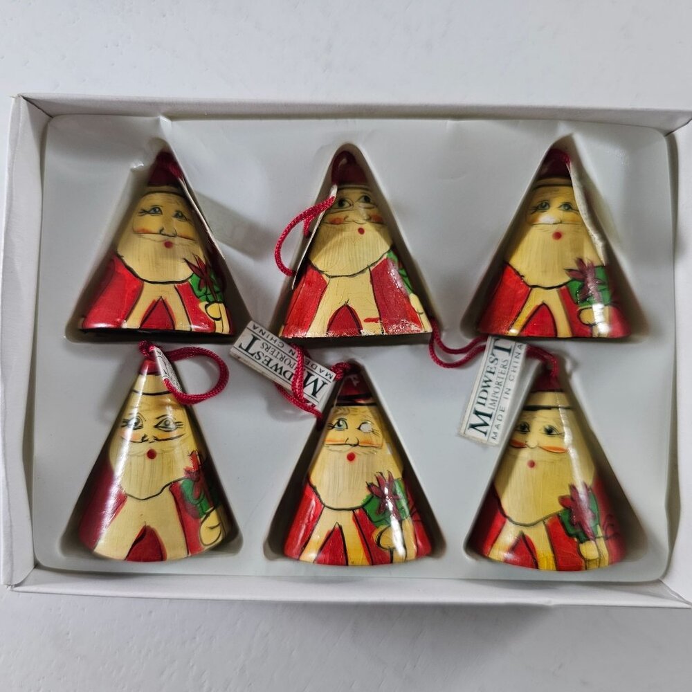 Midwest Importers Wooden Cone Santa Ornaments Set Of 6 Christmas Decorations